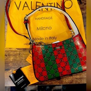 VALENTINO 
Kai Monogram Stripes Leather Crossbody In Green/Lipstick Leather